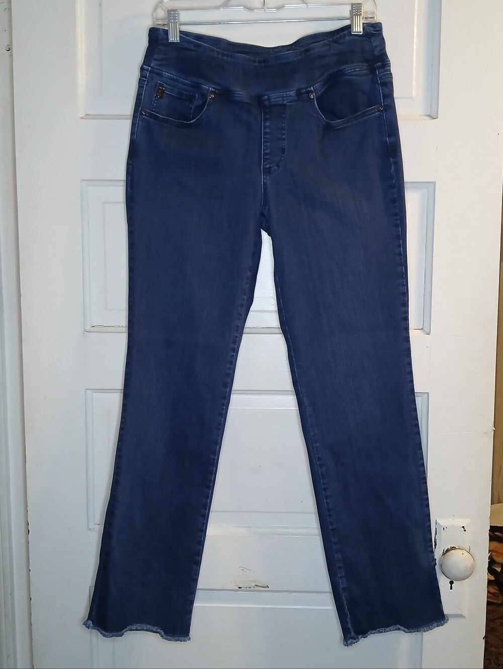 Belle by Kim Gravel Jeans Womens 12 Blue Straight Raw Hem Stretch Denim 29x30
